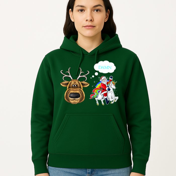 Funny Reindeer Replaced By Unicorn With Santa Claus Hoodie