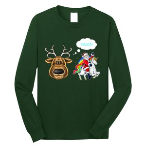 Funny Reindeer Replaced By Unicorn With Santa Claus Long Sleeve Shirt