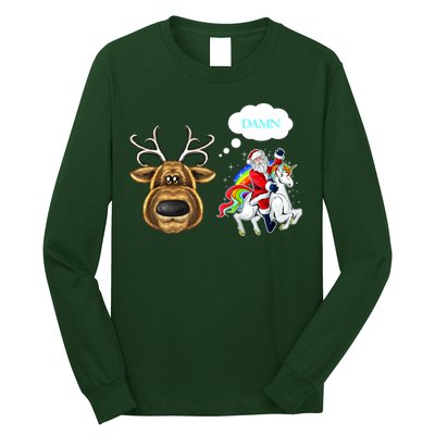 Funny Reindeer Replaced By Unicorn With Santa Claus Long Sleeve Shirt