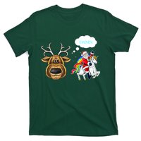 Funny Reindeer Replaced By Unicorn With Santa Claus T-Shirt