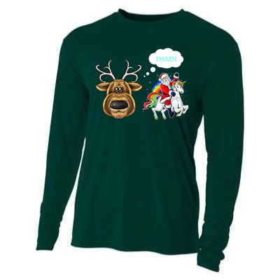 Funny Reindeer Replaced By Unicorn With Santa Claus Cooling Performance Long Sleeve Crew