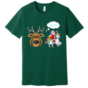 Funny Reindeer Replaced By Unicorn With Santa Claus Premium T-Shirt