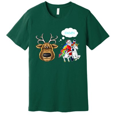 Funny Reindeer Replaced By Unicorn With Santa Claus Premium T-Shirt