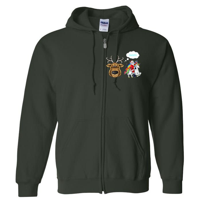 Funny Reindeer Replaced By Unicorn With Santa Claus Full Zip Hoodie