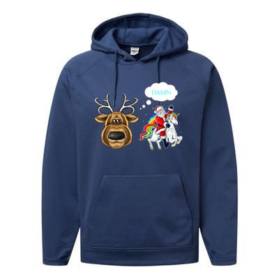 Funny Reindeer Replaced By Unicorn With Santa Claus Performance Fleece Hoodie