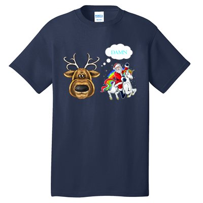 Funny Reindeer Replaced By Unicorn With Santa Claus Tall T-Shirt