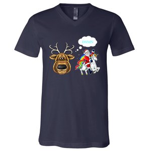 Funny Reindeer Replaced By Unicorn With Santa Claus V-Neck T-Shirt