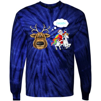 Funny Reindeer Replaced By Unicorn With Santa Claus Tie-Dye Long Sleeve Shirt