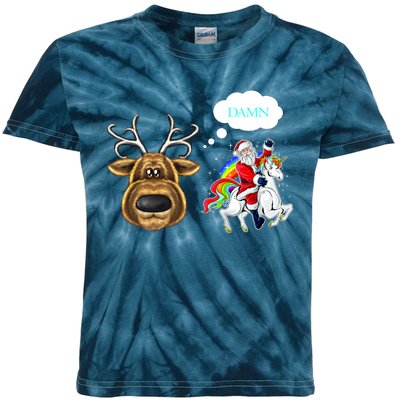 Funny Reindeer Replaced By Unicorn With Santa Claus Kids Tie-Dye T-Shirt