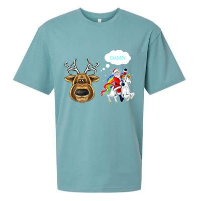 Funny Reindeer Replaced By Unicorn With Santa Claus Sueded Cloud Jersey T-Shirt