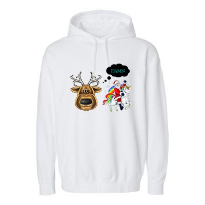 Funny Reindeer Replaced By Unicorn With Santa Claus Garment-Dyed Fleece Hoodie