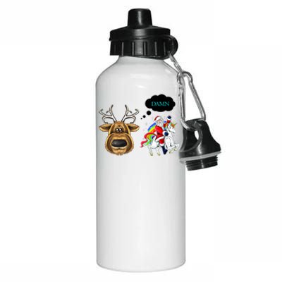 Funny Reindeer Replaced By Unicorn With Santa Claus Aluminum Water Bottle 