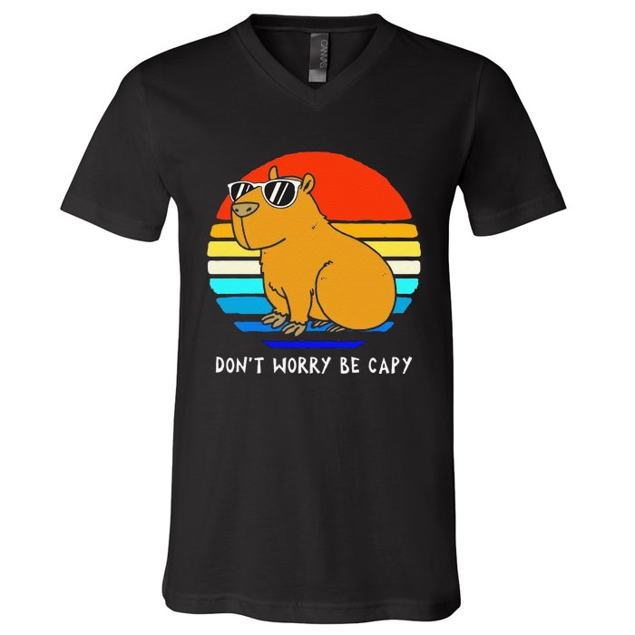 Funny Retro Rodent Funny Capybara Dont Be Worry Be Capy V-Neck T-Shirt