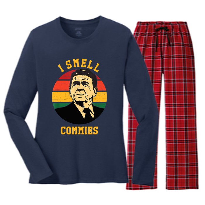 Funny Ronald Reagan I Smell Commies Political Humor Women's Long Sleeve Flannel Pajama Set 