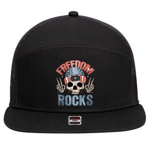 Freedom Rocks Retro 4th Of July Skull Skeleton American Funny Gift 7 Panel Mesh Trucker Snapback Hat