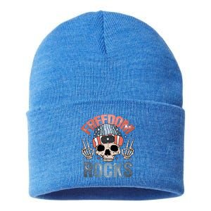 Freedom Rocks Retro 4th Of July Skull Skeleton American Funny Gift Sustainable Knit Beanie