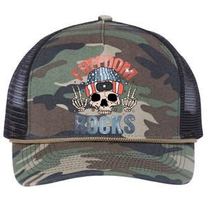 Freedom Rocks Retro 4th Of July Skull Skeleton American Funny Gift Retro Rope Trucker Hat Cap