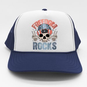 Freedom Rocks Retro 4th Of July Skull Skeleton American Funny Gift Trucker Hat