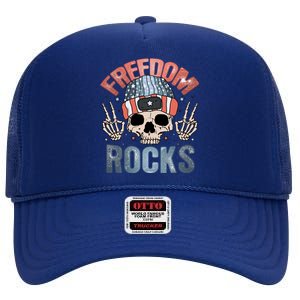 Freedom Rocks Retro 4th Of July Skull Skeleton American Funny Gift High Crown Mesh Back Trucker Hat