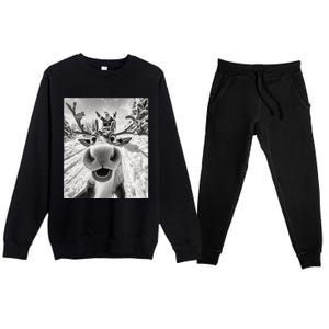 Funny Reindeer Selfie Christmas Premium Crewneck Sweatsuit Set