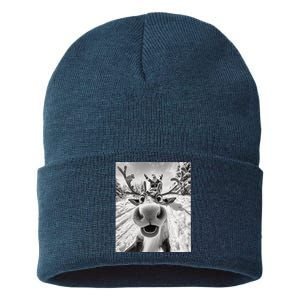 Funny Reindeer Selfie Christmas Sustainable Knit Beanie