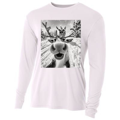 Funny Reindeer Selfie Christmas Cooling Performance Long Sleeve Crew