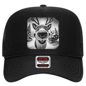 Funny Reindeer Selfie Christmas High Crown Mesh Back Trucker Hat