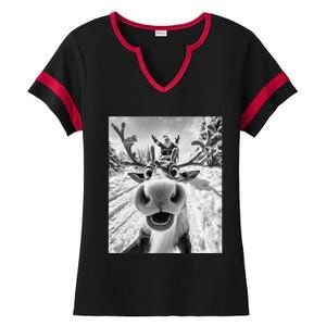 Funny Reindeer Selfie Christmas Ladies Halftime Notch Neck Tee