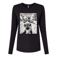 Funny Reindeer Selfie Christmas Womens Cotton Relaxed Long Sleeve T-Shirt