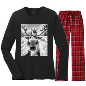 Funny Reindeer Selfie Christmas Women's Long Sleeve Flannel Pajama Set 