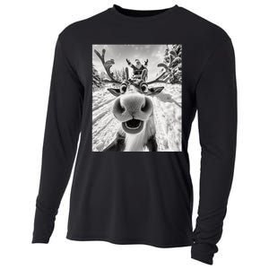 Funny Reindeer Selfie Christmas Cooling Performance Long Sleeve Crew