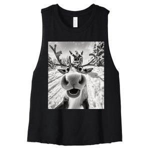 Funny Reindeer Selfie Christmas Women's Racerback Cropped Tank