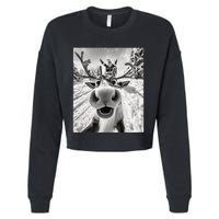 Funny Reindeer Selfie Christmas Cropped Pullover Crew