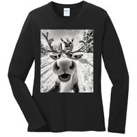 Funny Reindeer Selfie Christmas Ladies Long Sleeve Shirt