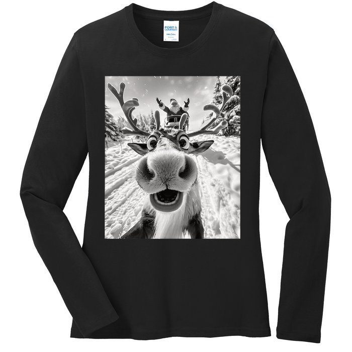 Funny Reindeer Selfie Christmas Ladies Long Sleeve Shirt