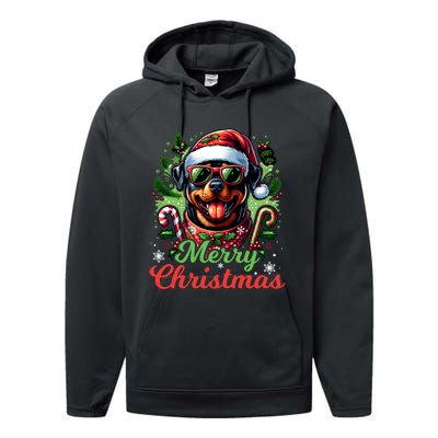 Festive Rottweiler Santa Hat Cheerful Christmas Dog Xmas Performance Fleece Hoodie