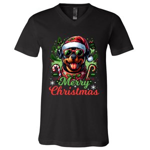 Festive Rottweiler Santa Hat Cheerful Christmas Dog Xmas V-Neck T-Shirt