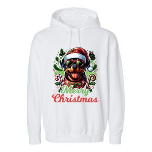 Festive Rottweiler Santa Hat Cheerful Christmas Dog Xmas Garment-Dyed Fleece Hoodie