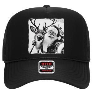 Funny Reindeer Selfie Christmas Santa Claus Xmas Cute Santa High Crown Mesh Back Trucker Hat