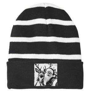 Funny Reindeer Selfie Christmas Santa Claus Xmas Cute Santa Striped Beanie with Solid Band