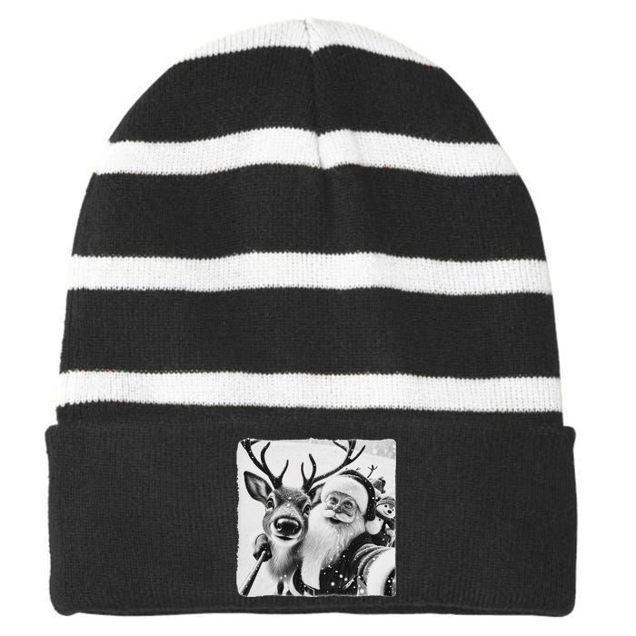 Funny Reindeer Selfie Christmas Santa Claus Xmas Cute Santa Striped Beanie with Solid Band