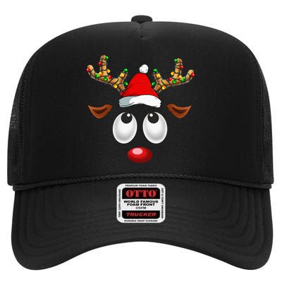 Festive Reindeer Santa Hat with Christmas Lights High Crown Mesh Back Trucker Hat