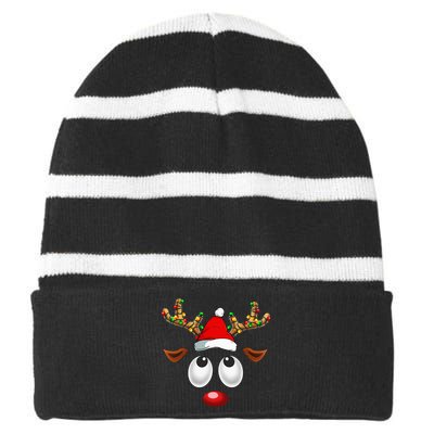 Festive Reindeer Santa Hat with Christmas Lights Striped Beanie with Solid Band