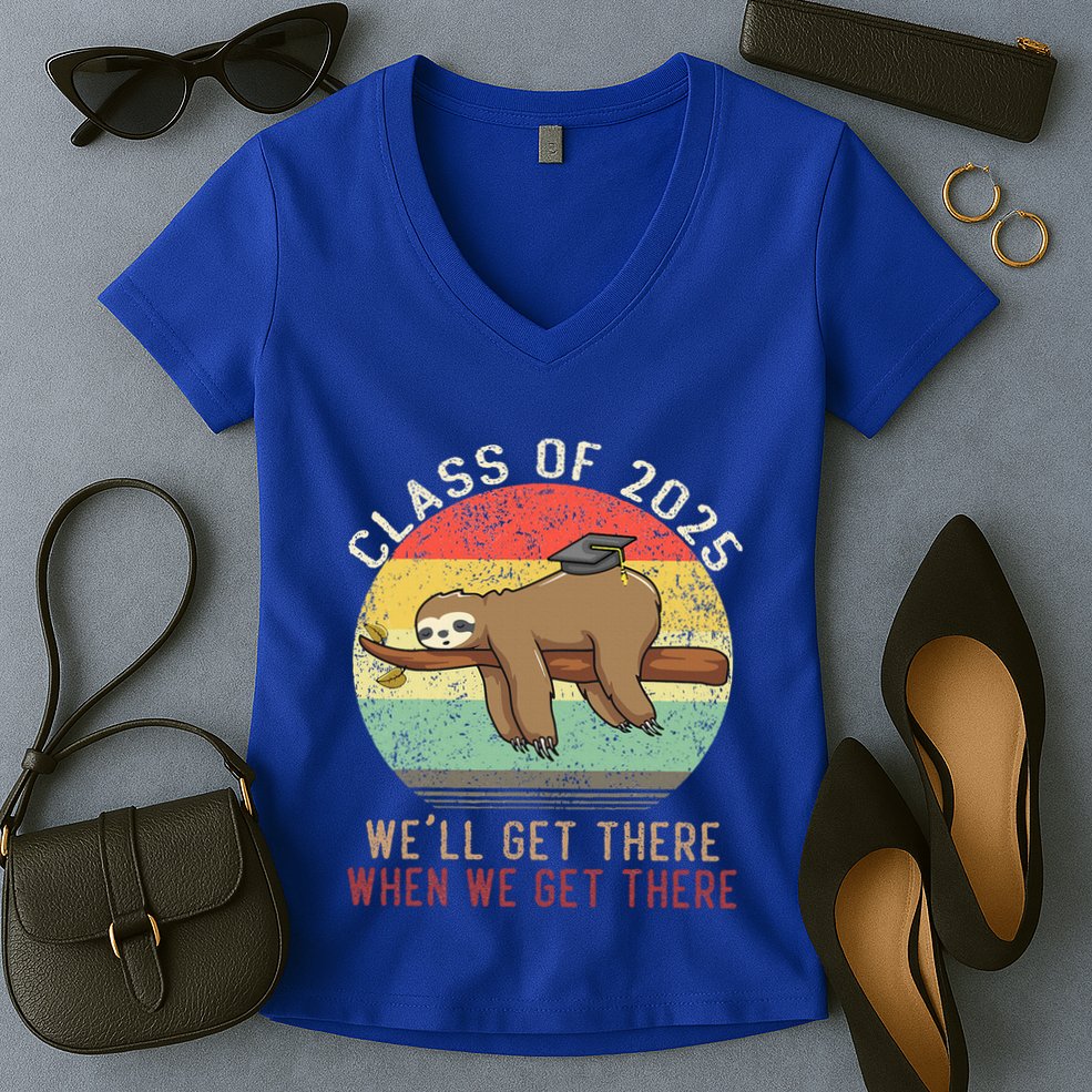 Funny Retro Senior Class Of 2025 Sloth Cap Graduation Gifts Women's V-Neck T-Shirt
