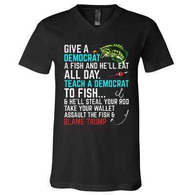 Funny Republican Saying Teach a Democrat Fish Conservative V-Neck T-Shirt