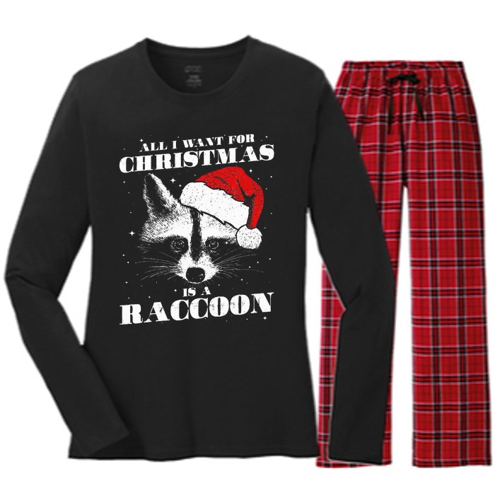 Funny Raccoon Santa All I want for Christmas is a Raccoon Women's Long Sleeve Flannel Pajama Set 