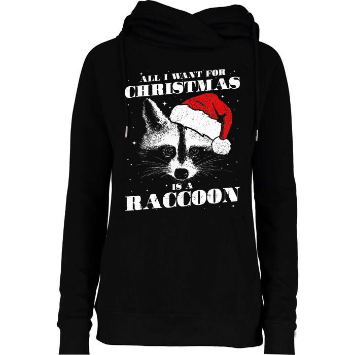 Funny Raccoon Santa All I want for Christmas is a Raccoon Womens Funnel Neck Pullover Hood