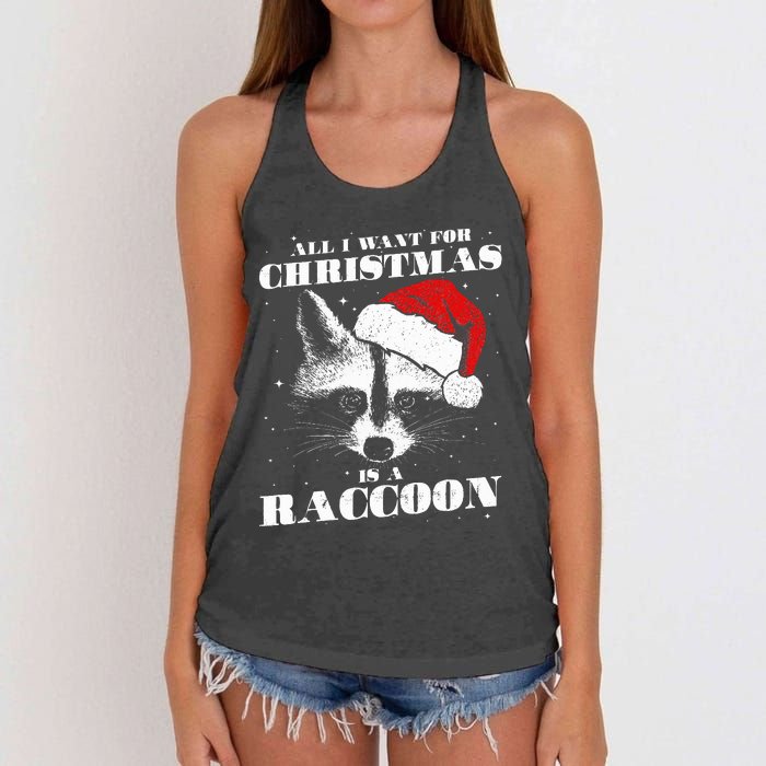 Funny Raccoon Santa All I want for Christmas is a Raccoon Women's Knotted Racerback Tank