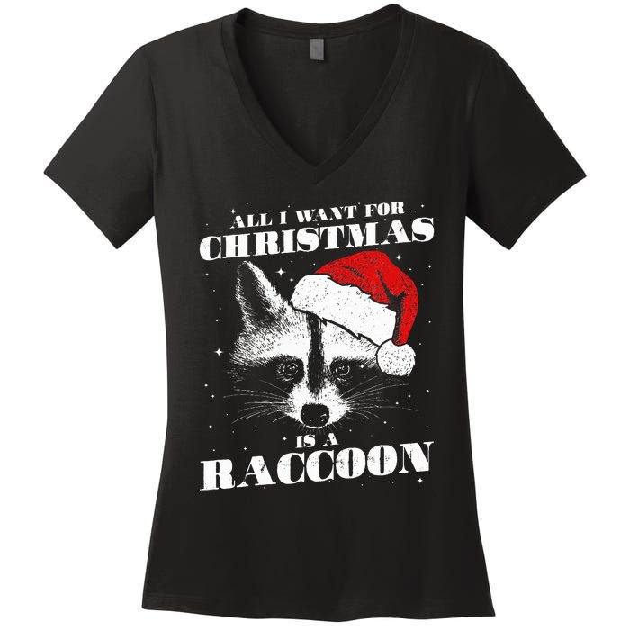 Funny Raccoon Santa All I want for Christmas is a Raccoon Women's V-Neck T-Shirt