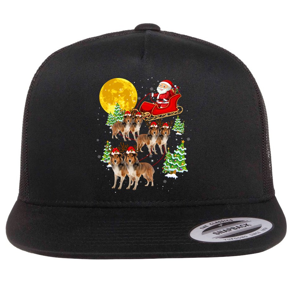 Funny Reindeer Sheltie Dogs With Santa Sleigh Xmas Holiday Funny Gift Flat Bill Trucker Hat